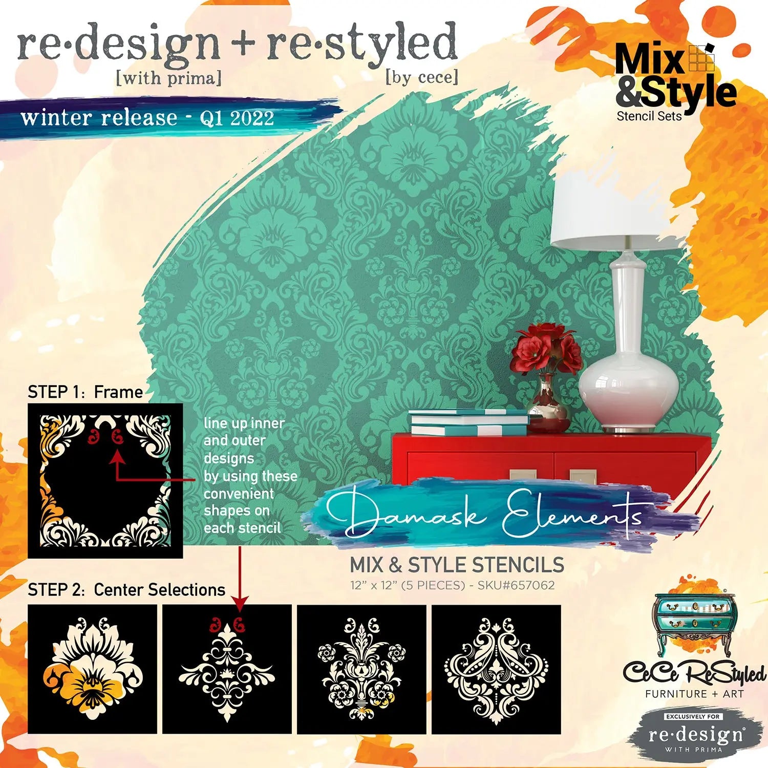 Re- Design with Prima  Stencils® Cece - Mix & Style - Damask Elements Prima Re-Design